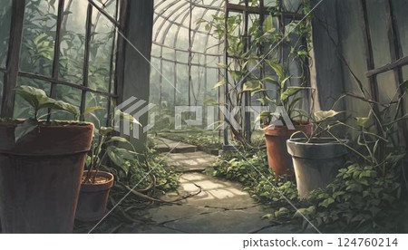 廢棄的溫室裡長滿了綠植 124760214