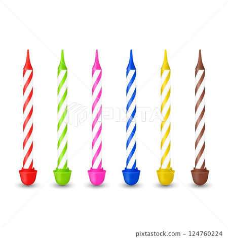 Vector Realistic 3D Birthday Cake Candles Set. Unlit Colorful Striped Wax Candles for Party Decoration, Kids Celebration, Birthday Design, Festive Elements, Isolated on White Background 124760224