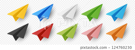 Vector Realistic Paper Airplanes Icon Set Closeup Isolated. Colorful Folded Paper Planes. Simple Paper Airplanes Design Template 124760230