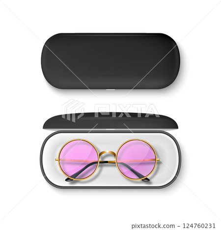 Vector 3D Realistic Round Sunglasses with Metal Frame and Hard Black Case. Stylish Vintage Eyeglasses in Open and Closed Protective Case. Design Template for Optics, Fashion, Eyewear Branding 124760231