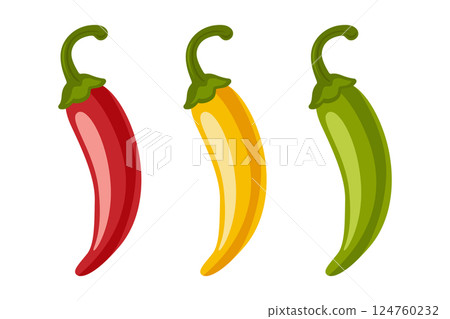 Chili Peppers Vector Set, Isolated. Red, Yellow, Green Hot Peppers, Spicy Food Ingredients, Mexican Cuisine, Fresh Organic Vegetables. Vector Illustration for Food Design 124760232