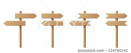 Vector Realistic Wooden Blank Sign Post Set. Realistic Road Signboard. Plywood Pointer, Timber, Directional Sign Design Template, Front View. Vector Illustration in 3D Style 124760242
