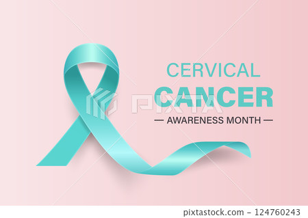 Minimalist Poster Banner with a Realistic Teal Ribbon Loop, Symbol of January Cervical Cancer Awareness Month. Women s Health, Cancer Awareness, Empowerment, Support Campaign. Vector Illustration 124760243