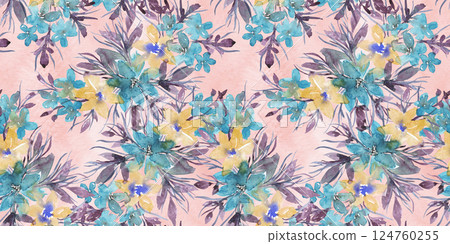 Beautiful watercolor pattern with teal blue and yellow flowers and purple leaves on pink. Colorful painting floral print for textile, wallpaper, wrapping paper, feminine surface design Beautiful watercolor pattern with teal blue and yellow flowers and purple leaves on pink. Colorful painting floral print for textile, wallpaper, wrapping paper, feminine surface design 124760255