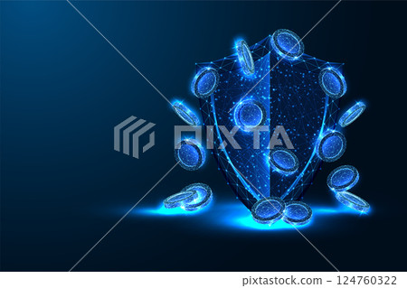 Digital Shield Protecting Money on dar bue bacground. Cybersecurity. Financial Safety Concept vector 124760322