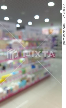 Blurred view of a well-lit store aisle with colorful products on shelves Blurred view of a well-lit store aisle with colorful products on shelves 124760334