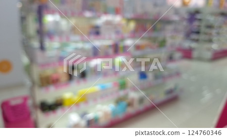 Blurred view of colorful pharmacy shelf display in modern store Blurred view of colorful pharmacy shelf display in modern store 124760346
