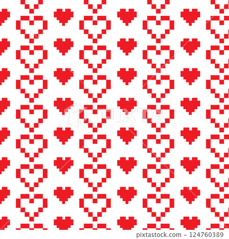 Seamless pixelated red heart pattern on white background 124760389