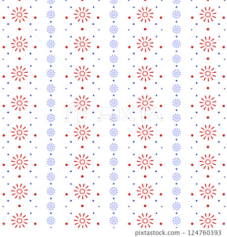 Seamless geometric pattern with red and blue floral motifs on white background 124760393