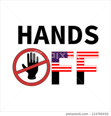 Hands off sign with usa flag pattern and prohibition symbol 124760430