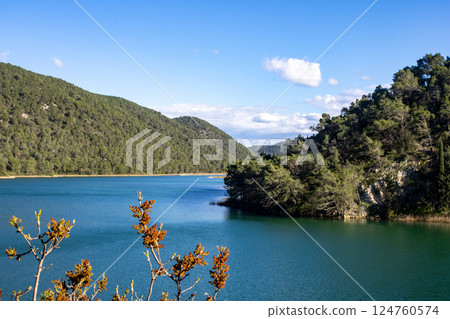 Wide view of a sunny morning on the river Krka., Croatia.Summer time concept Wide view of a sunny morning on the river Krka., Croatia.Summer time concept 124760574