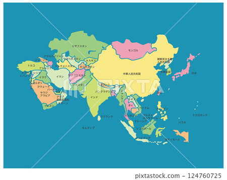 亞洲顏色編碼地圖_藍色背景_包括國家名稱 124760725