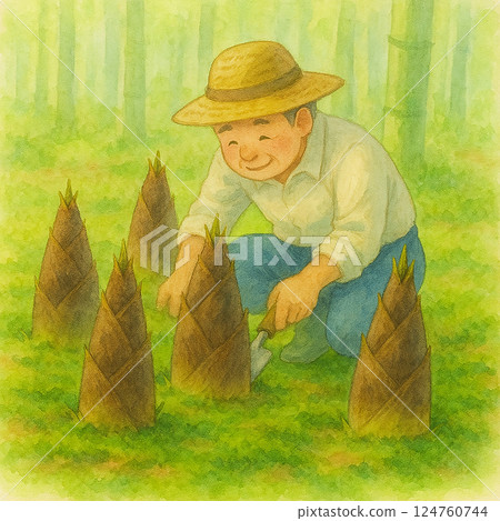 挖竹筍的男性農民水彩畫（春天的味道、山的祝福） 124760744
