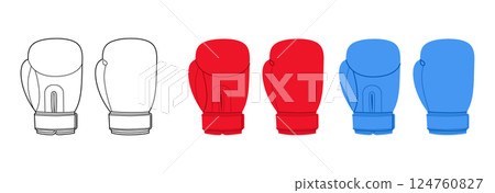 Set of Boxing Gloves red blue cartoon and flat sketch outline Fashion hand accessory clothing technical illustration 124760827