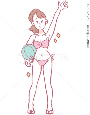 Illustration of a woman in a swimsuit holding a ball Illustration of a woman in a swimsuit holding a ball 124760975
