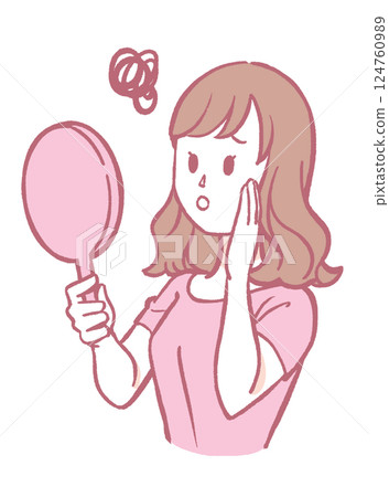 Illustration of a worried woman looking at a hand mirror Illustration of a worried woman looking at a hand mirror 124760989