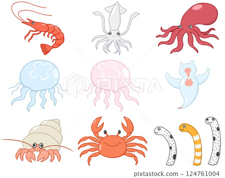 Set of 9 illustrations of aquatic creatures living in the sea 124761004