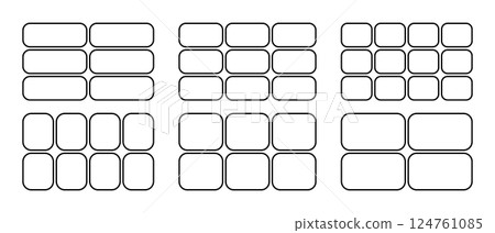 Set of rectangle shapes divided into equal parts isolated on white background. Collage, mood board, poster or brochure panels. Image gallery or photo album mockups. Vector graphic illustration 124761085