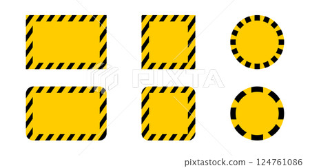 Square, round and rectangle frames with caution tape borders and blank space. Attention, stop or forbidden sign templates. Danger, restricted or warning banners. Vector flat illustration 124761086