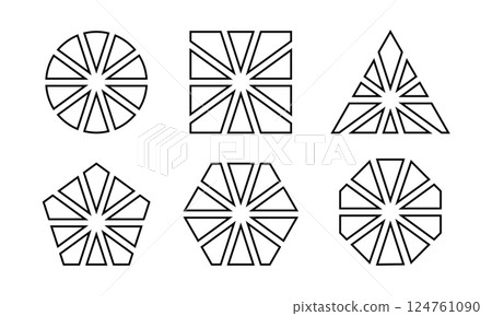 Set of round, square and triangle, pentagon, hexagon and octagon shapes divided into 10 slices isolated on white background. Simple diagram, business chart templates. Vector outline illustration Set of round, square and triangle, pentagon, hexagon and octagon shapes divided into 10 slices isolated on white background. Simple diagram, business chart templates. Vector outline illustration 124761090