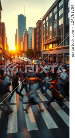 A lot of people walk along the pedestrian crossing during rush hour 124761284