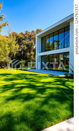 The modern individual residential house is surrounded by a well-groomed beautiful lawn 124761357