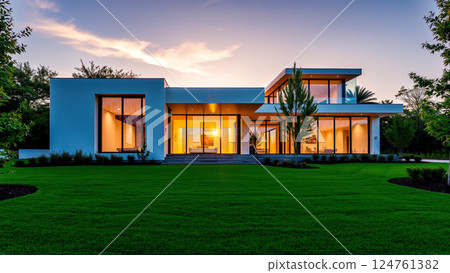 The modern individual residential house is surrounded by a well-groomed beautiful lawn 124761382
