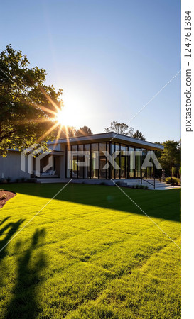 The modern individual residential house is surrounded by a well-groomed beautiful lawn 124761384