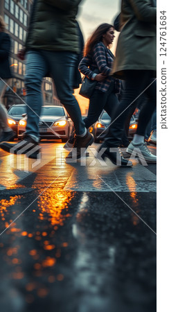 A lot of people walk along the pedestrian crossing during rush hour A lot of people walk along the pedestrian crossing during rush hour 124761684