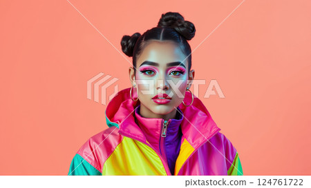 Young girl with bright face makeup on pink background. Girl dressed in a vintage sports windbreaker 124761722