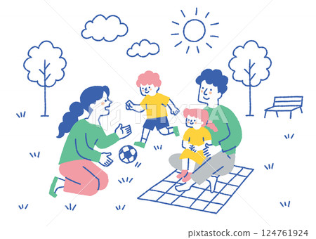 一家四口在公園野餐_顏色 124761924