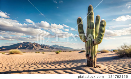 Serene Desert Landscape with Tall Cactus and Blue Sky 124762156