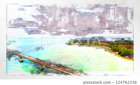 Sketch-style sketch landscape beautiful aerial view drone photography sky mountain midair floating fantastic drone 124762338