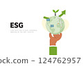 Hand holding Earth globe with solar panel and Wind turbine. Green Energy, ESG concept. Sustainable ecology and environment conservation concept design. Vector illustration. 124762957