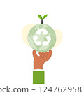 Hand holding Earth globe with plant and recycle symbol. Earth Day, World Environment Day. Recycle concept. Sustainable ecology and environment conservation concept design. Vector illustration. 124762958