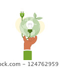 Hand holding Earth globe with Light bilb. Earth Day, World Environment Day. Green Energy concept. Sustainable ecology and environment conservation concept design. Vector illustration. 124762959
