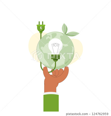 Hand holding Earth globe with Light bilb. Earth Day, World Environment Day. Green Energy concept. Sustainable ecology and environment conservation concept design. Vector illustration. 124762959