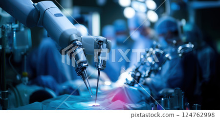 AI powered medical robots performing surgery in high tech operating room 124762998