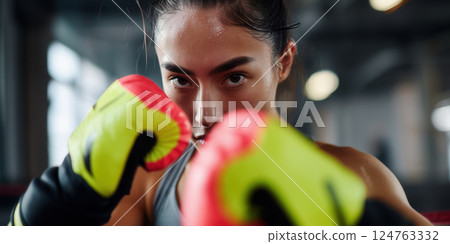 focused woman boxing with intensity, wearing vibrant gloves in gym setting 124763332
