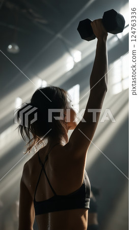 fit woman lifting dumbbell in brightly lit gym, showcasing strength and determination 124763336