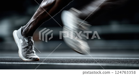 runner legs in motion on track, showcasing speed and determination with motion blur 124763358