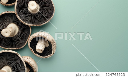 Flat lay black mushroom organic natural vegetable copy space isolated 124763623