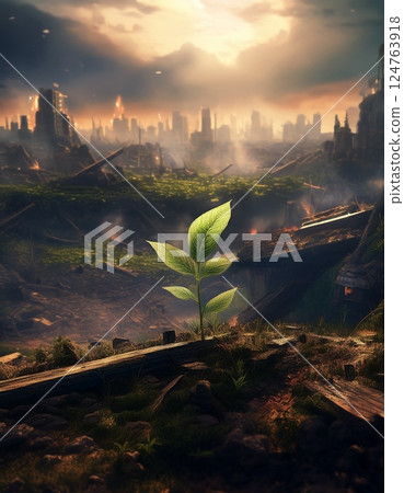 Young leaves sprouting in a ruined, burnt city - AI-generated image Young leaves sprouting in a ruined, burnt city - AI-generated image 124763918