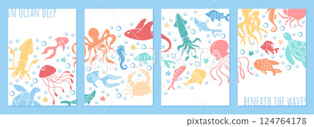 Set of colorful underwater marine life postcard illustrations featuring various sea creatures. Reef animals like turtles, crabs, and jellyfish in a vibrant ocean water design template. 124764178