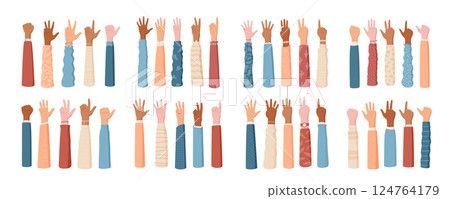 Cartoon hand count gesture set, featuring fingers and palms in various number positions. Isolated flat arms collection with colorful clothes, ideal for number counting education or design concept. Cartoon hand count gesture set, featuring fingers and palms in various number positions. Isolated flat arms collection with colorful clothes, ideal for number counting education or design concept. 124764179