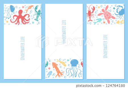 Poster design template set with oceans creatures like octopus, jellyfish, and sea turtle among marine plants and coral under water. Colorful aquatic life in vibrant sea scene with ocean reef elements. 124764180