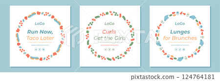Colorful fitness frame with sport equipment and workout pattern set. Gym banner design in flat style. Ideal for lifestyle background, exercise set, or decor template. Colorful fitness frame with sport equipment and workout pattern set. Gym banner design in flat style. Ideal for lifestyle background, exercise set, or decor template. 124764181