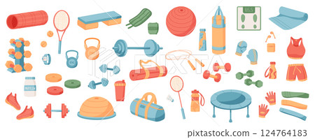 Colorful flat set of sport equipment on white background. Gym accessories and workout items including dumbbells, training mats, and fitness tools. Perfect for active lifestyle themes. 124764183