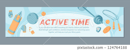 Colorful gym equipment banner design with a modern background. Sport items like kettlebell, dumbbell, rope, and glove highlight fitness and exercise themes. Perfect for workout, health, training 124764188