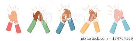Diverse cartoon hands in applause and cheer set. Set of colorful clapping gestures symbolizing celebration and solidarity. Unity through human connection positive energy. Creative symbol for group 124764199